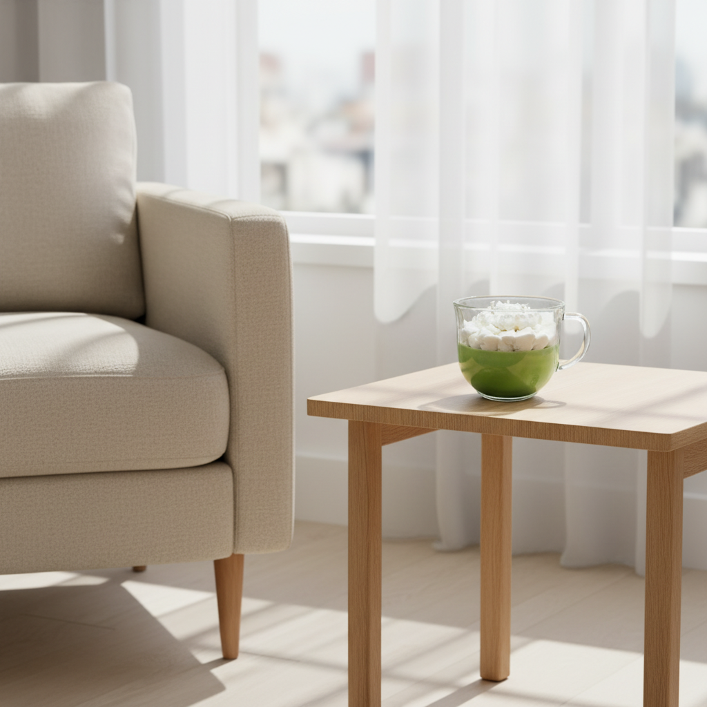A 3-wick Matcha Tea candle sitting on a bamboo table in a sitting room next to a window.