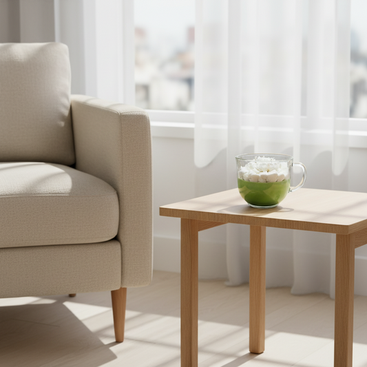 A 3-wick Matcha Tea candle sitting on a bamboo table in a sitting room next to a window.