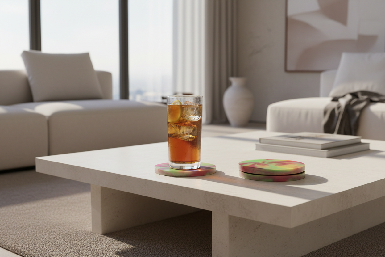Glass of iced tea on a tie dye coaster and modern coffee table in a living room setting