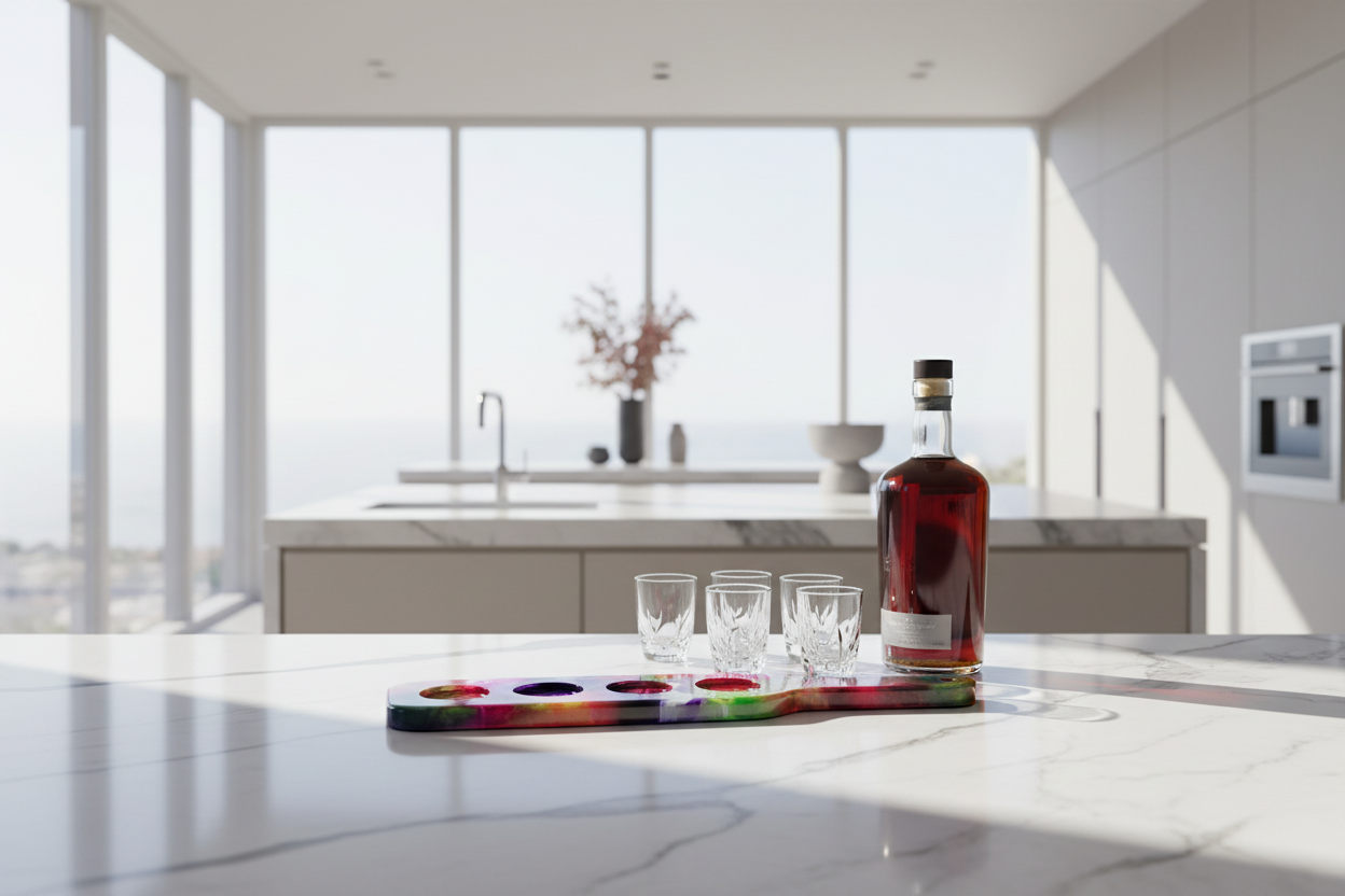 Colorful shot glass paddle with bottle of bourbon on a modern kitchen counter with a cityscape view.