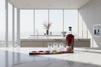 Colorful shot glass paddle with bottle of bourbon on a modern kitchen counter with a cityscape view.