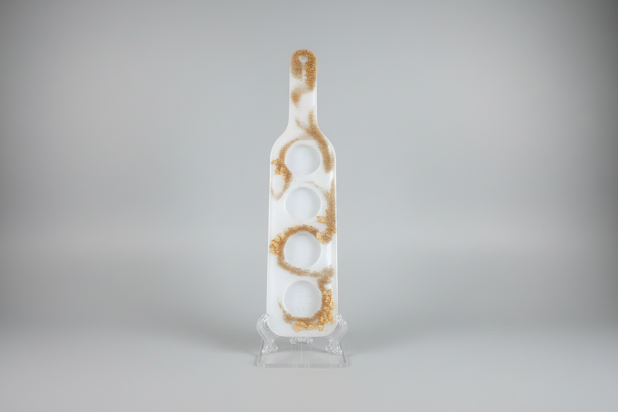 A gold resin shot glass serving paddle with slots for four shot glasses.