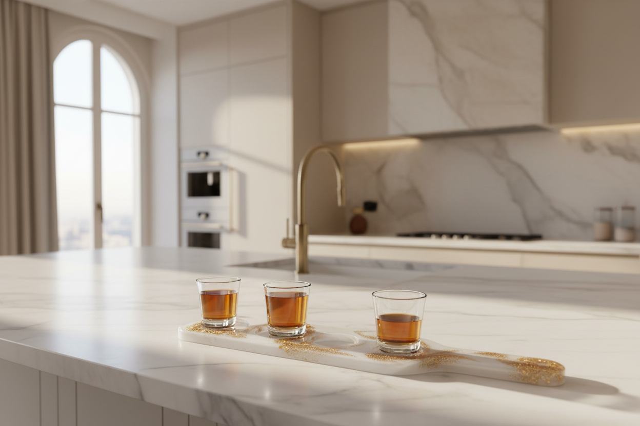 Three shot glasses of whiskey on a marble countertop in a modern kitchen in a shot glass serving paddle.