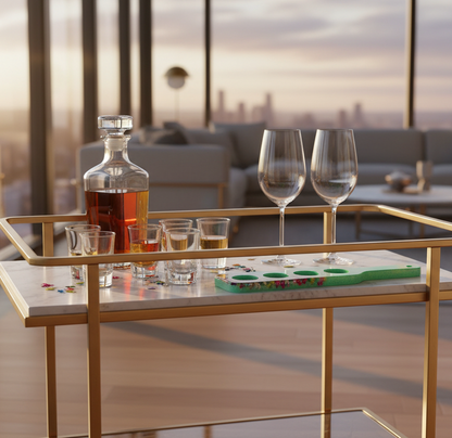 Modern living room with a bar cart, decanter, shot glass serving paddle, and shot glasses against a cityscape.