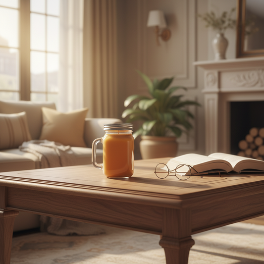 A pumpkin latte candle on a cozy living room table next to a novel and pair of glasses.