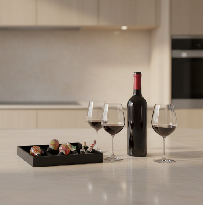 Wine bottle and glasses on a kitchen counter with signature wine bottle stoppers