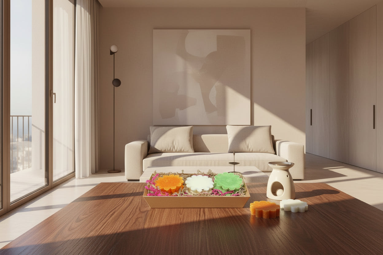 A wax melt cube melting by a decorative warmer, releasing fragrance into a modern living room.