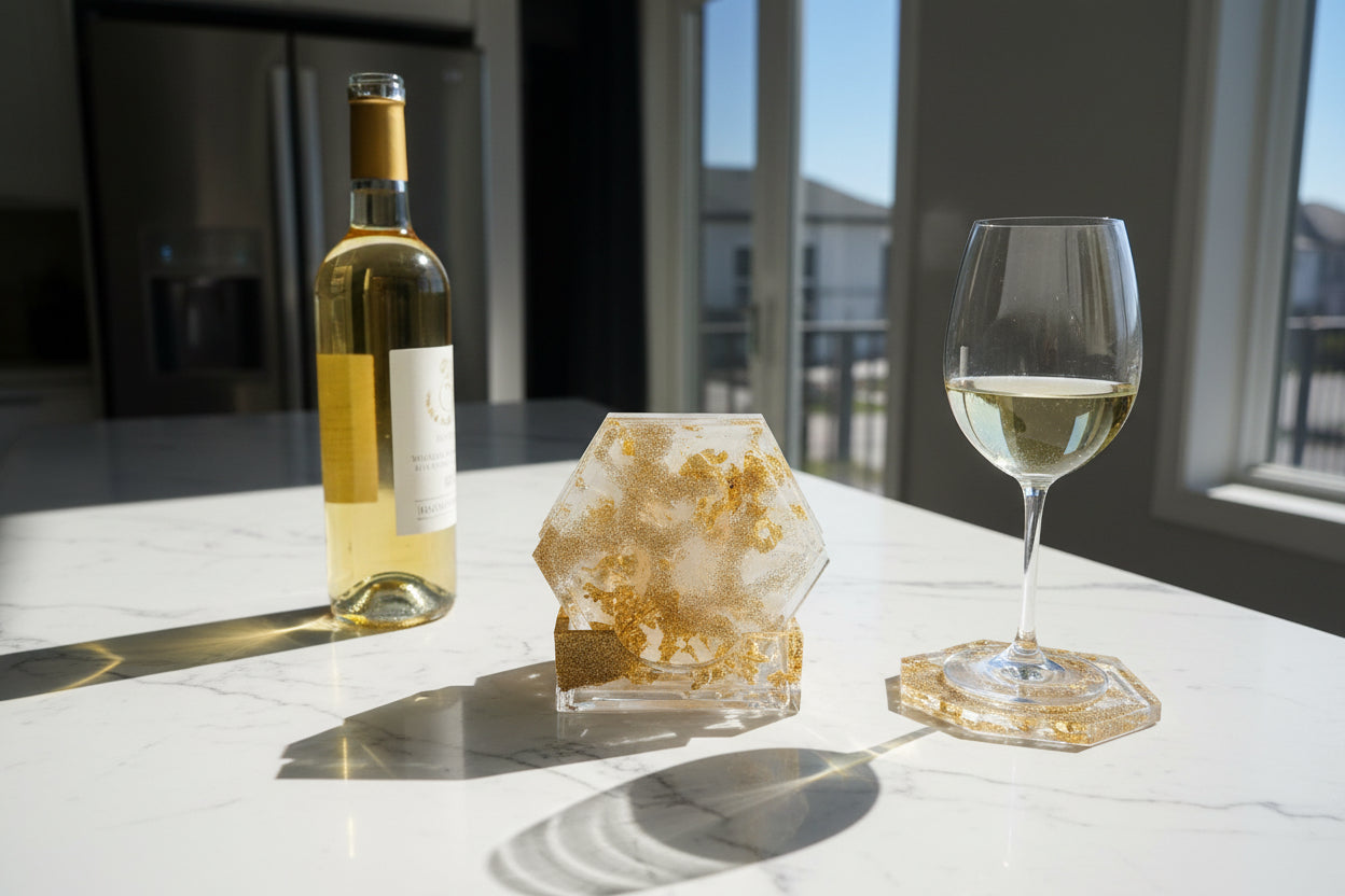 Set of gold leaf coasters on a marble surface
