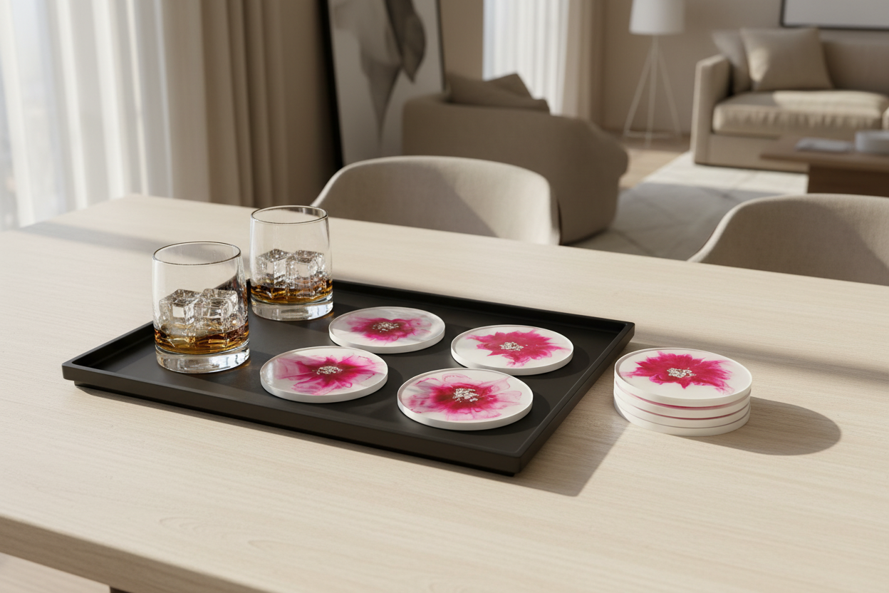 Tray with glasses and pink flower coasters on a table in a dining room setting