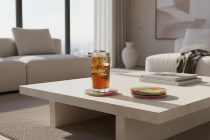 Glass of iced tea on a tie dye coaster and modern coffee table in a living room setting